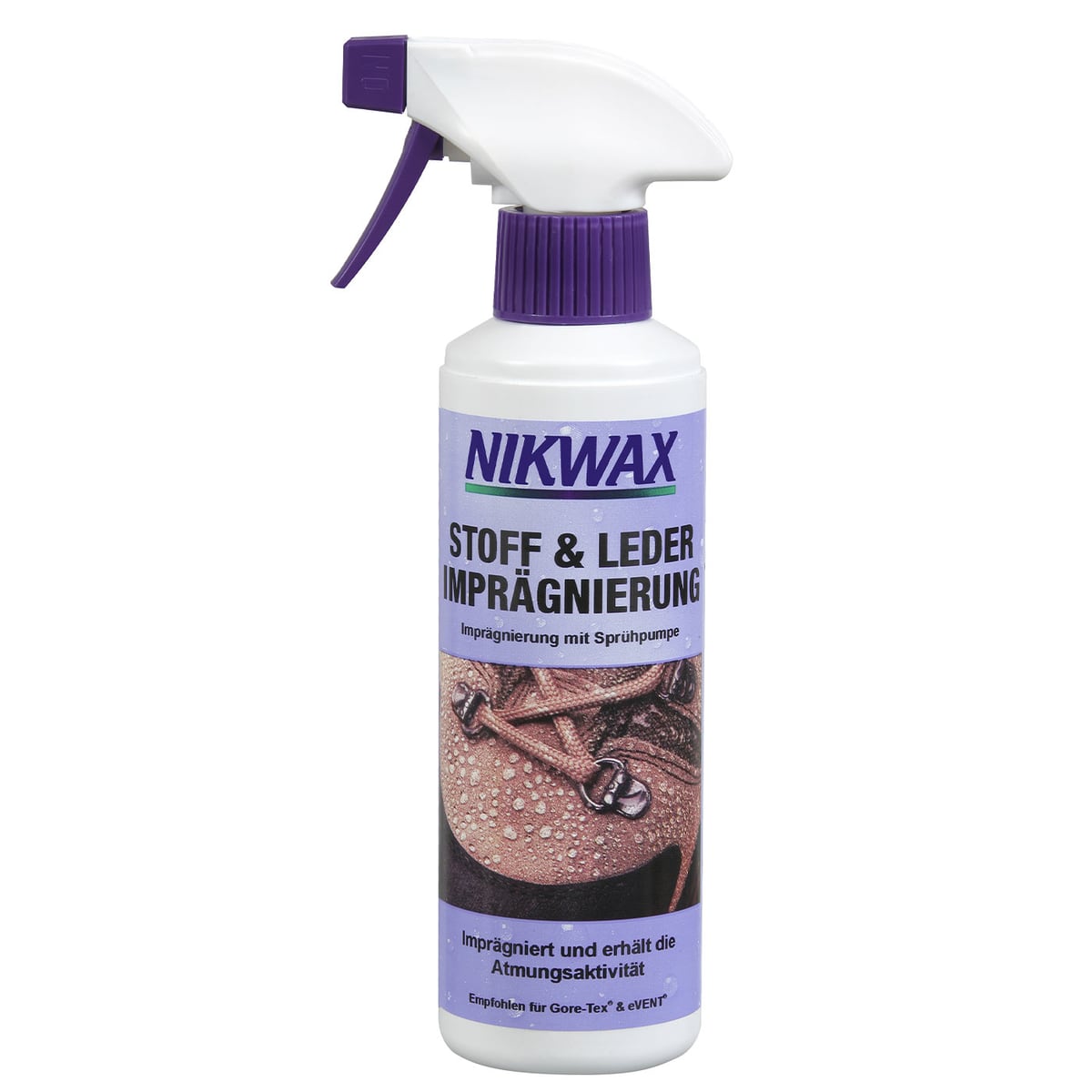 Nikwax Fabric & Leather Impregnation Spray Bottle with White Body and Purple Spray Head, Purple Label with Text and Image of Wet Leather Shoe