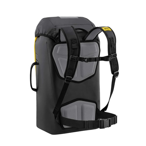 Back of the Petzl Transport 45 backpack in black with padded straps and hip belt