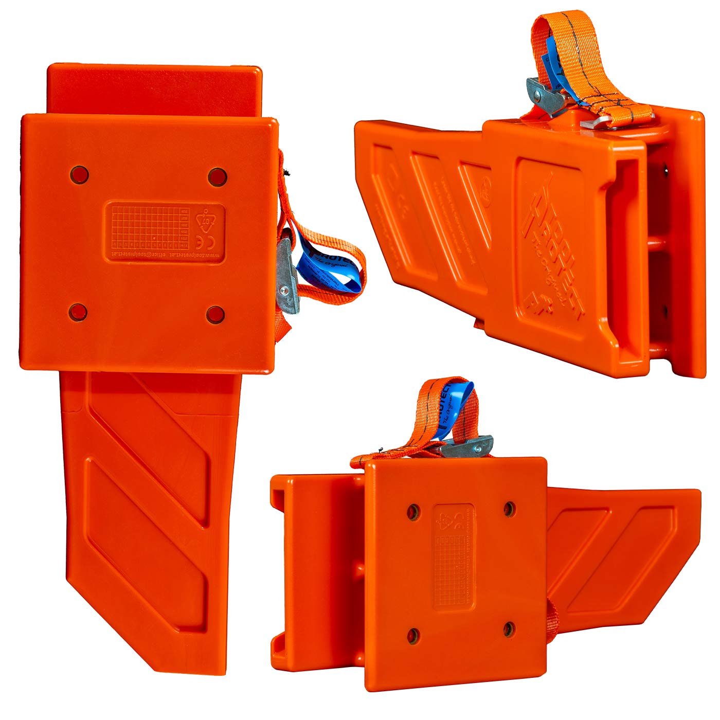 Three views of the Toolprotect P1+ Pro case in orange, with visible mounting holes and orange-blue strap