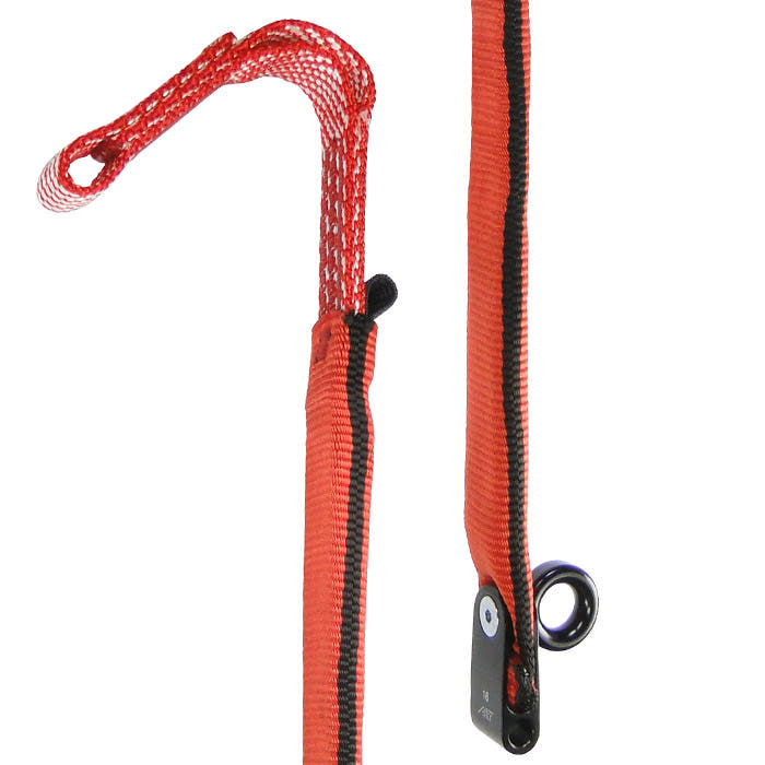 ZipAbsorber TwinLine, close-up of the red safety rope with black stripe, metal eyelet and mesh loop at the top