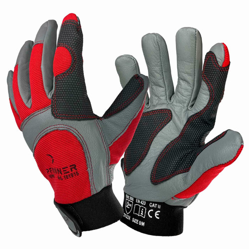 StretchFlex® Kepro work gloves in grey, red and black with black cuff and Velcro fastener, manufacturer Pfanner, side view with visible manufacturer logo and certifications on cuff