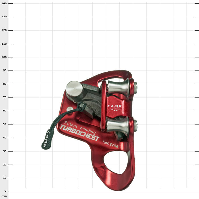 3A L systems, red metallic component with inscription "TURBOCHEST" and "CAMP" on a white background with dimensions