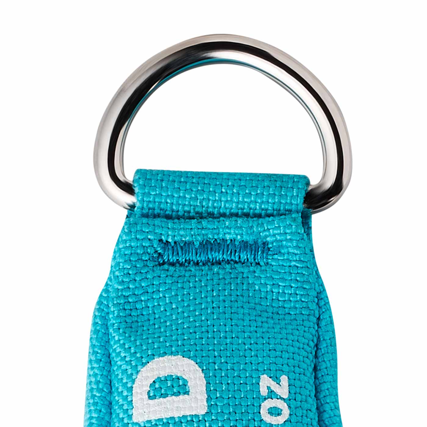 Detail of the metal ring and the blue fabric tab of the Edelrid Apollo weight