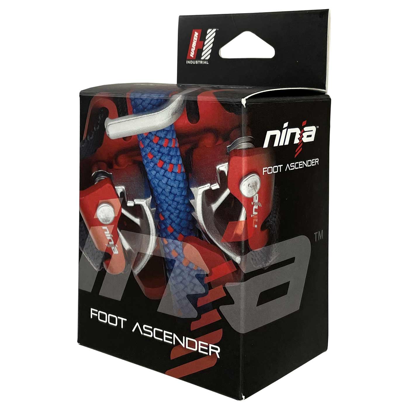 Packaging of the Ninja Foot Ascender, black with red and white lettering "ninja FOOT ASCENDER" and manufacturer's logo KARBEN INDUSTRIAL