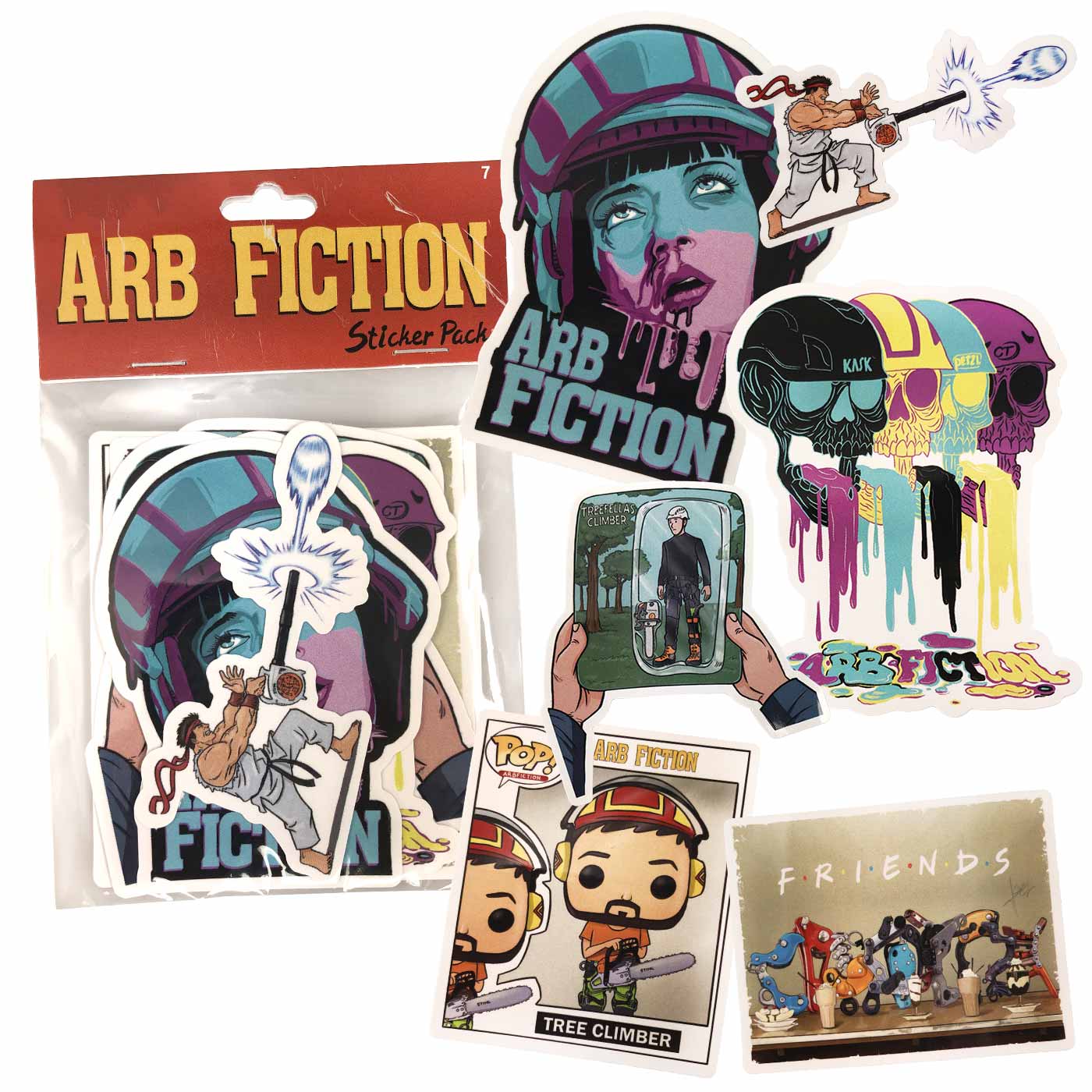 ARB Fiction Pack Vol. 7 Sticker Pack with various colorful stickers, including a blue and purple helmet, a fighting character and several skulls with helmets, manufacturer ARB Fiction