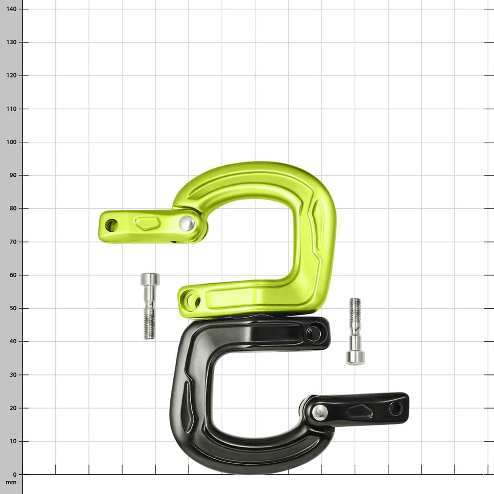 Two snap hooks, green at the top, black at the bottom, disassembled with two screws, product name Cupid Swivel visible