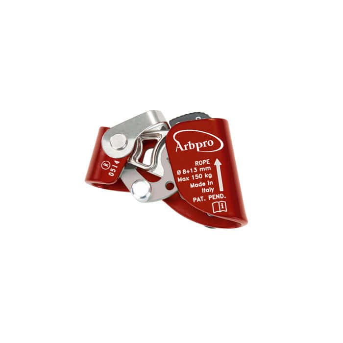 Quickstep Tree R, red climbing frame with metal parts and white inscription "Arbpro" and technical specifications