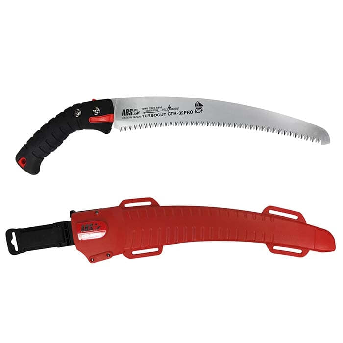 CTR-32 Pro saw with black handle and red protective sheath from ARS, with serrated curved blade and lettering