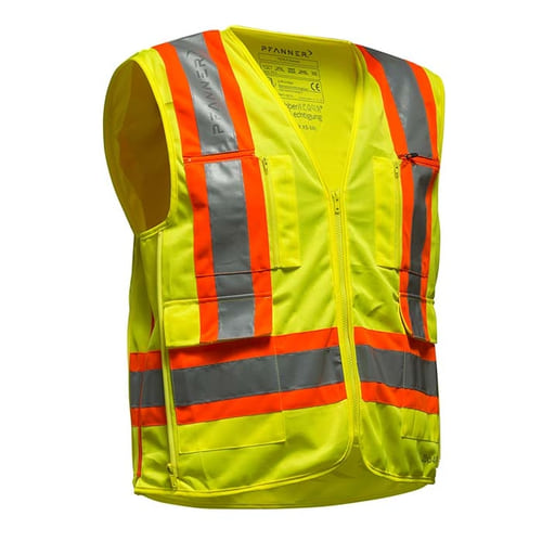Zipp-4-Fit safety vest by Pfanner in bright yellow with orange and silver reflective stripes, zipper at the front, two pockets with zipper