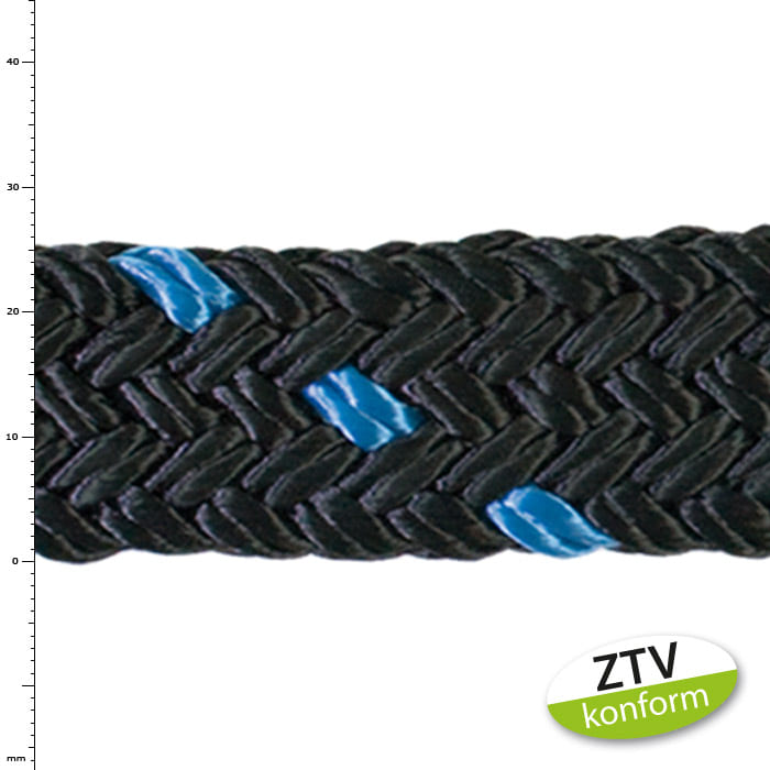 tree save 8 t blue rope with black braiding and blue markings, with green and white sticker "ZTV compliant"