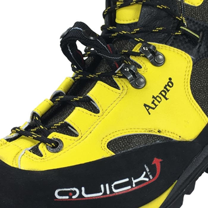 Quickstep Boot EZloop by Arbpro, close-up of yellow and black mountain boot with laces and Quick and Arbpro logos
