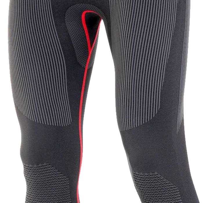 Climb Tech Base Layer Pants by Aripro, close-up of black long pants with gray and red patterns on the thigh and knee area