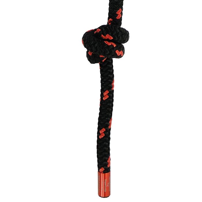 SpliceAnchor black rope with red dots, showing a knot and a red end with white text on it