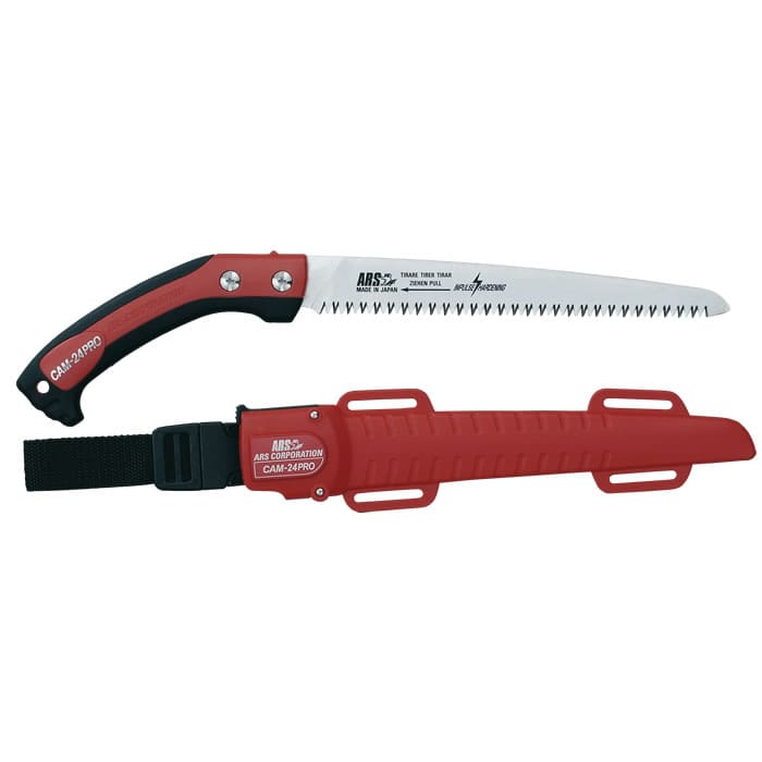 Cam-24 Pro Folding Saw with Red and Black Handle, Visible Saw Teeth and Red Protective Cover with Black Strap, Manufacturer ARS Corporation