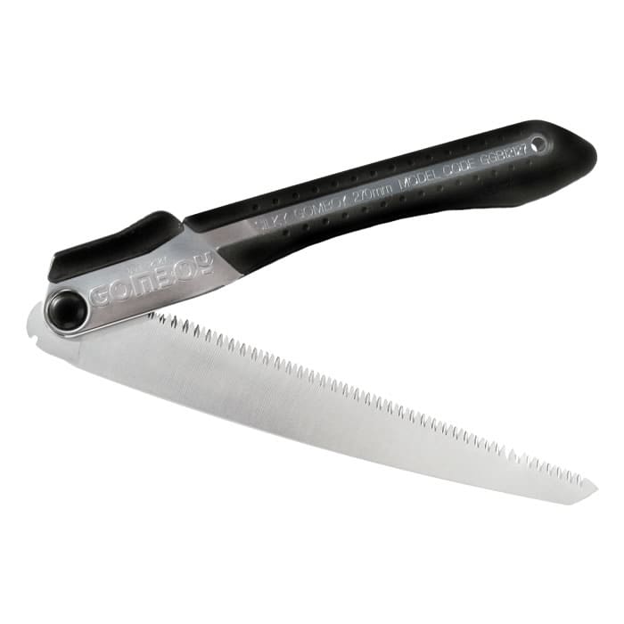 Gomboy 270-10 Folding saw half open with black handle and silver saw blade, manufacturer name Gomboy visible