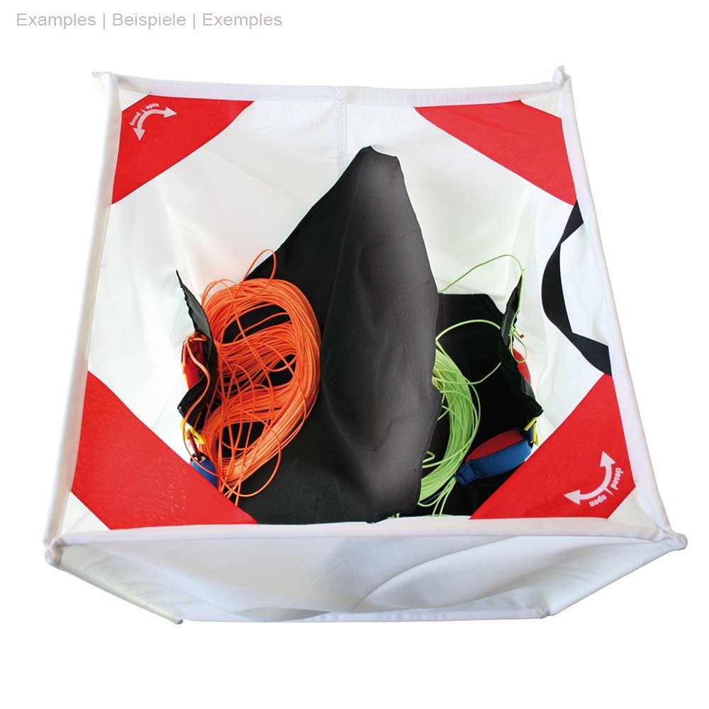 Folding bucket DOUBLE from above with red and black interior and orange and green string inside