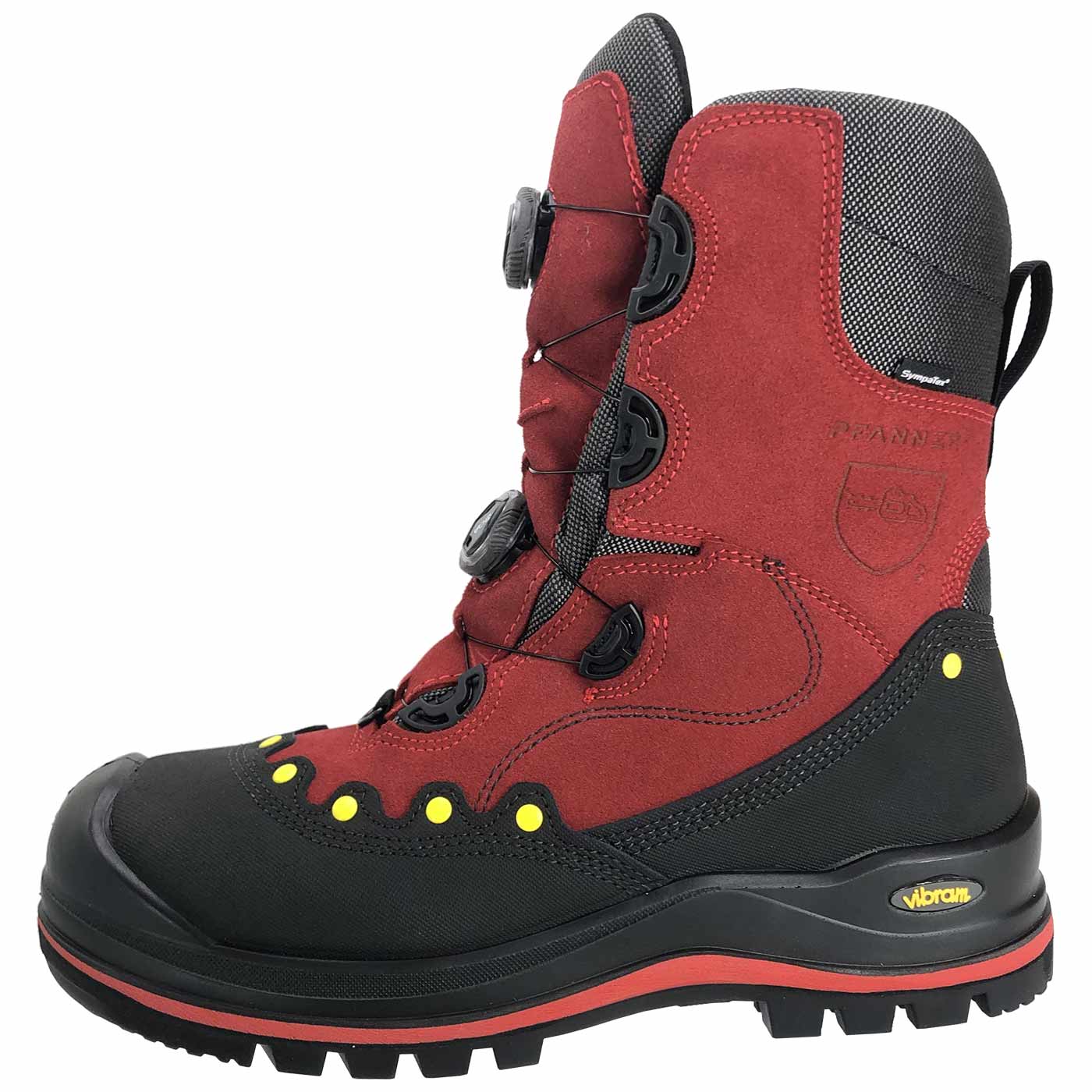 BOA® cut-resistant shoe side view in red and black with yellow dots, black sole with red stripe and two black twist closures