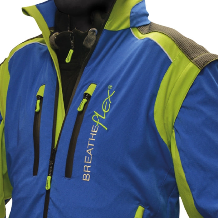 Close-up of the Breatheflex Pro Jacket in blue with green accents, zippers and lettering visible