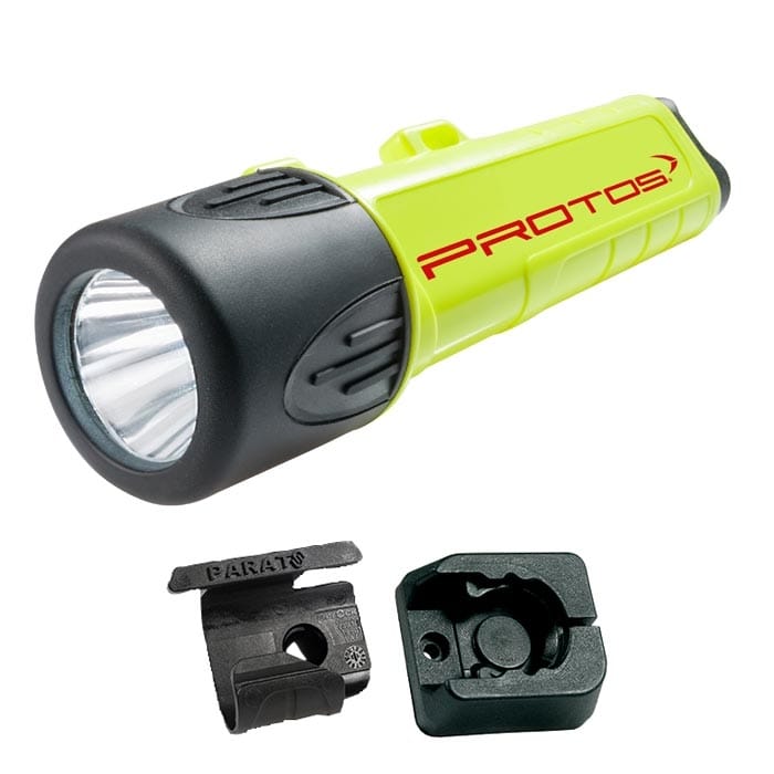 PROTOS® Maclip Light R flashlight in yellow with black lamp head and red PROTOS lettering, plus two black plastic mounts