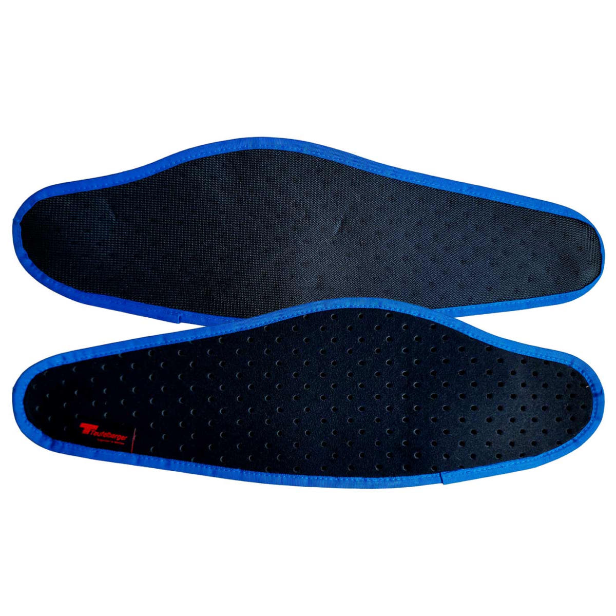 treeMOTION Breatheable Pad Set by Treeleberger, two black, perforated pads with blue border, one with red logo