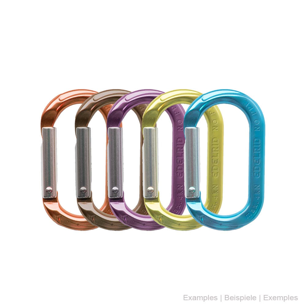 Mini-O snap hook in five different colours (orange, brown, purple, yellow, blue) with silver locking springs, manufacturer not visible