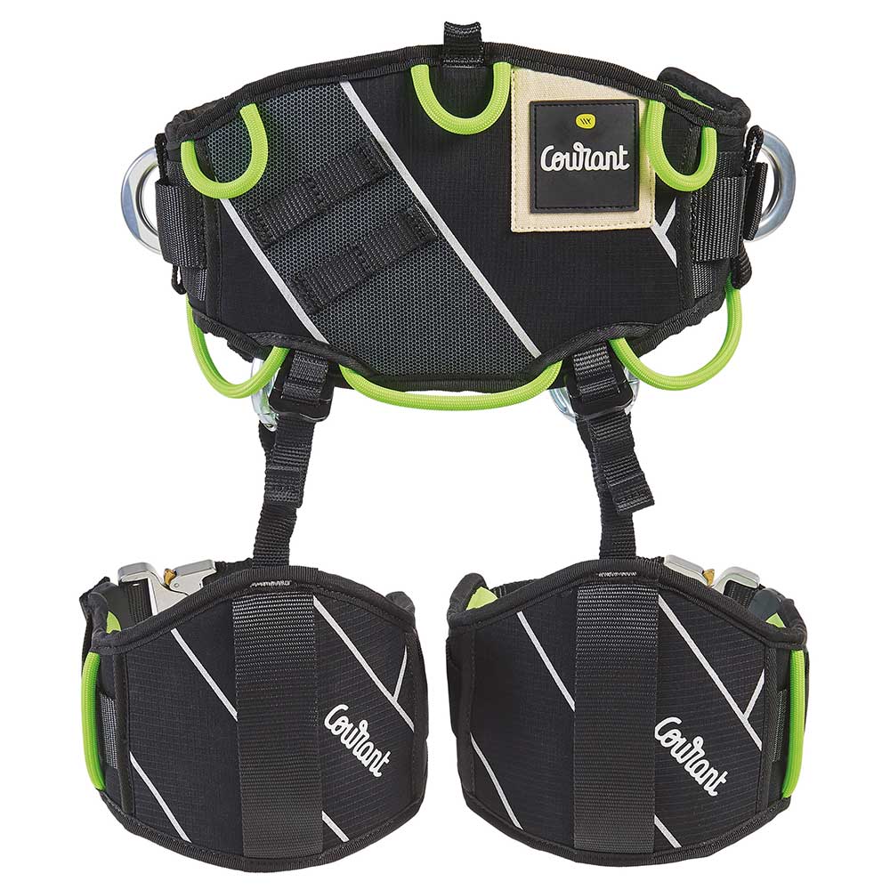 Rear view of the Koala V1.2 harness by Courant in black with green details, multiple loops and metal clasps