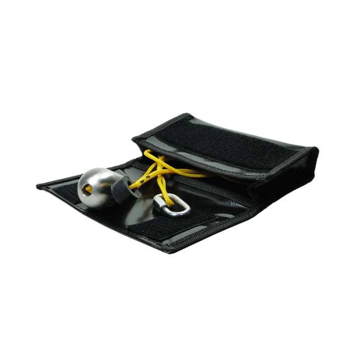 Quick-Kit, black case with open lid, inside a silver metal object with yellow ribbon