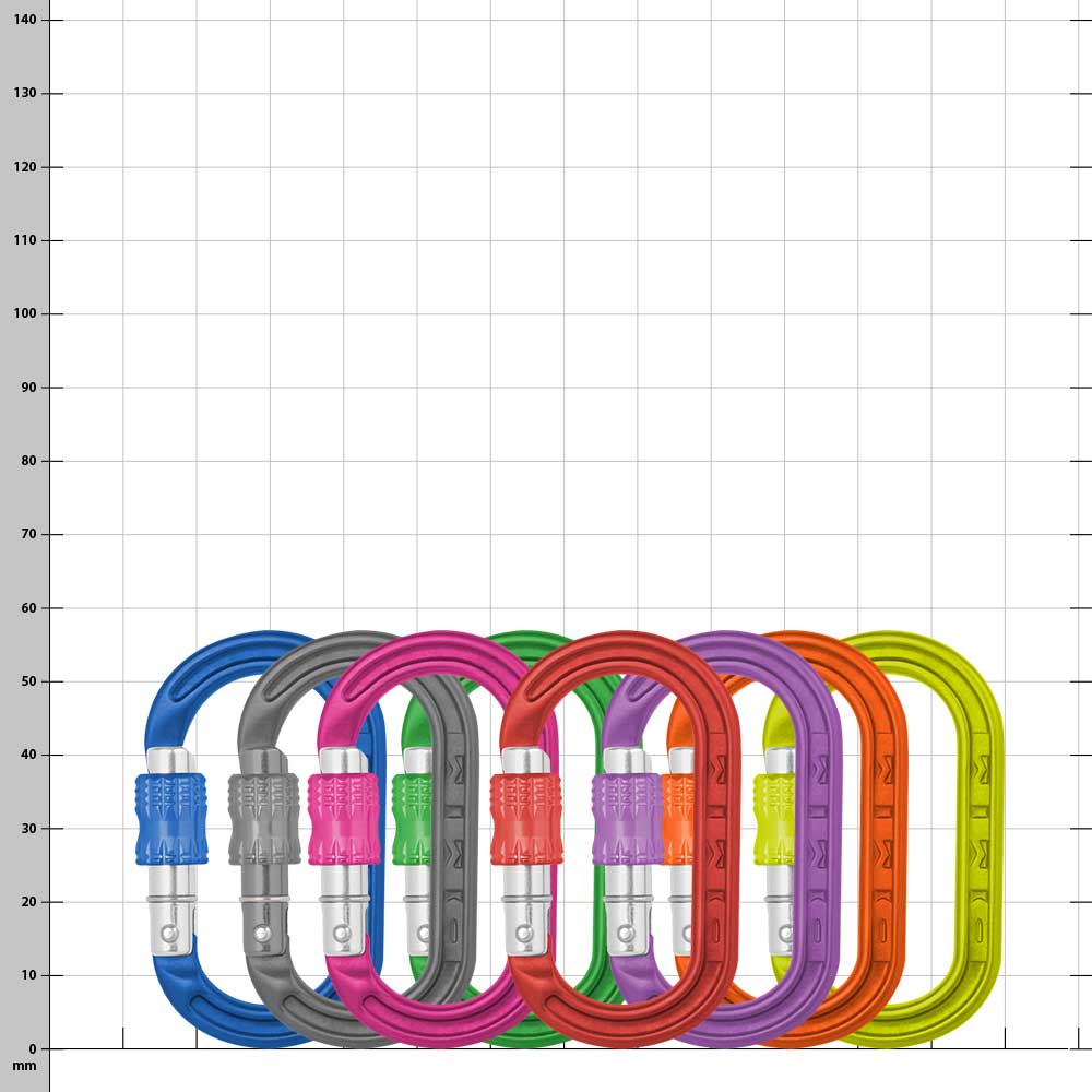 XSRE Lock, manufacturer not visible, eight colorful carabiners in blue, gray, pink, green, red, purple, orange and yellow arranged next to each other