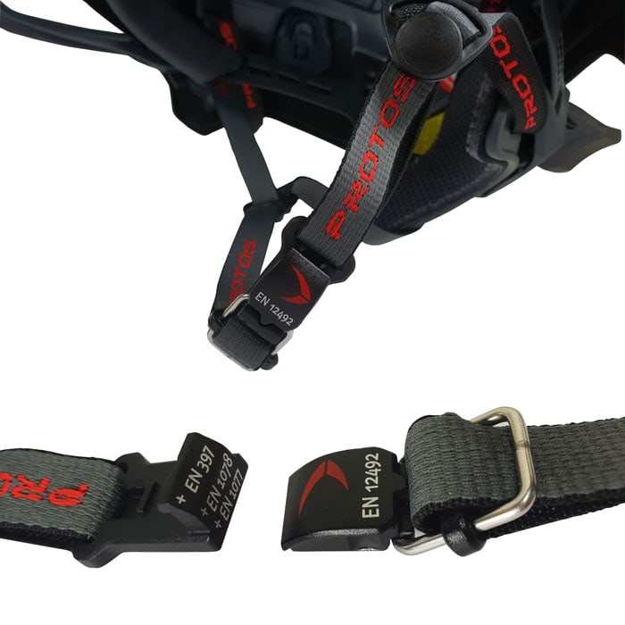PROTOS® Maclip chin strap with open closure, black and grey webbing with red PROTOS inscription and standard information on the closure