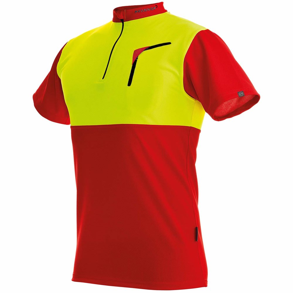 Zipp-neck shirt in red and yellow with short zipper and breast pocket, manufacturer's name Pfanner visible on the collar