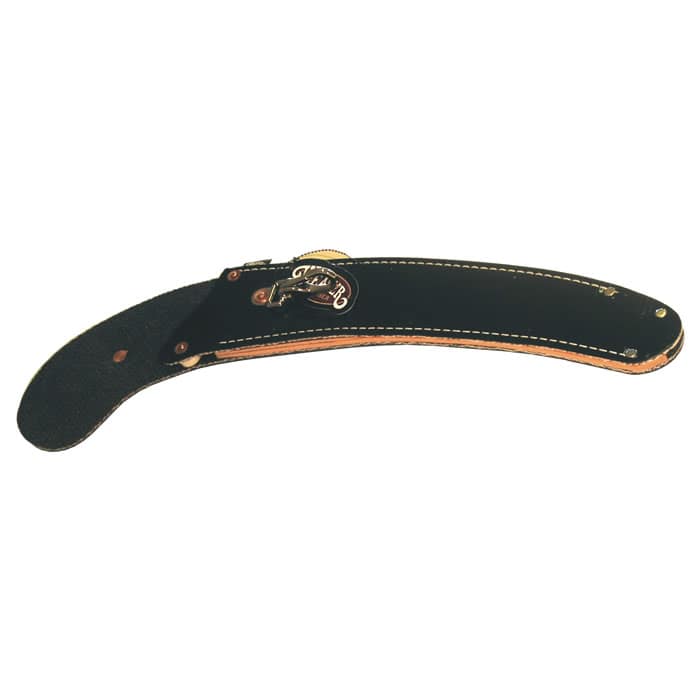 Black, curved leather sheath with white stitching and metal clasp, product name Scabbard Curved visible