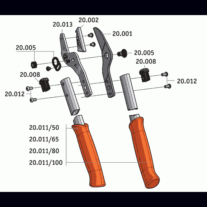 Exploded view of the anvil 20.080 with numbered parts and orange handles, manufacturer not visible