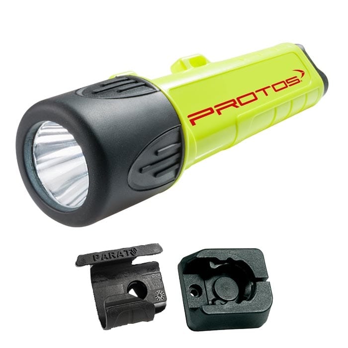 PROTOS® Maclip Light R flashlight in yellow with black lamp head and red PROTOS lettering, plus two black plastic mounts