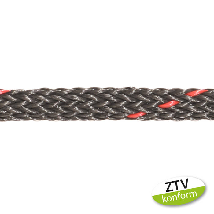 boa 4 t hollow rope 100 m, close-up of a black braided rope with red threads, green and white label with the inscription "ZTV compliant" at the bottom right