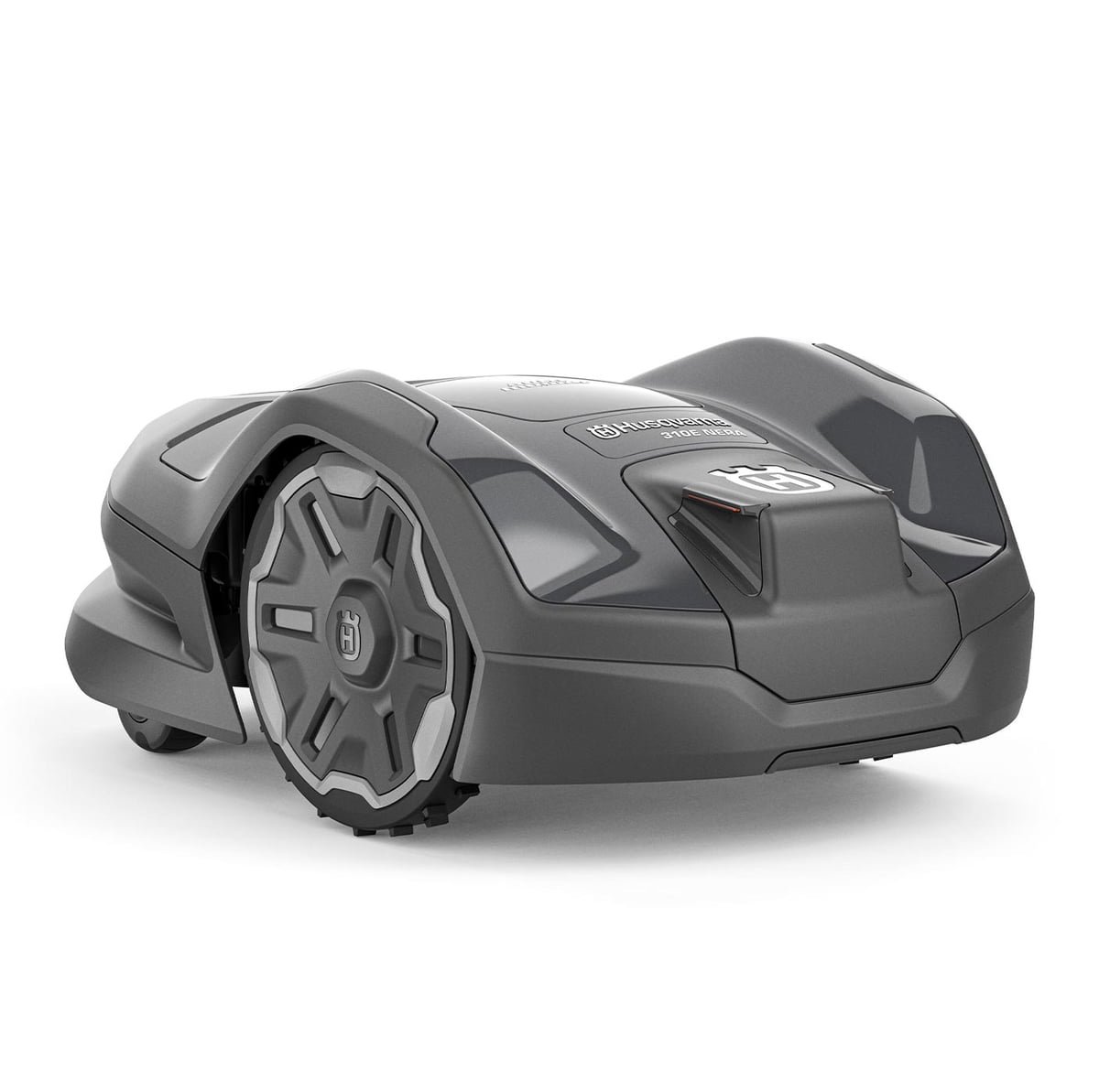 Grey Husqvarna 310E Nera robotic lawn mower from the front with visible Husqvarna logo and large wheels