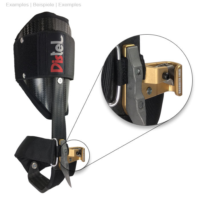 Leg brace with black thistle logo and SpikeSender 2 R in close-up on the attachment