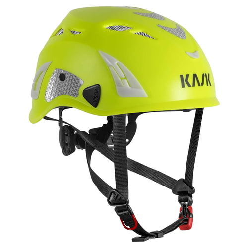 KASK Super Plasma PL Hi-Viz helmet in bright yellow with black fastening straps and reflective silver elements