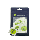 Packaging with several round, yellow helmet stickers NFC tag stickers with black inscription "Tap phone here Scannable" and a smartphone icon