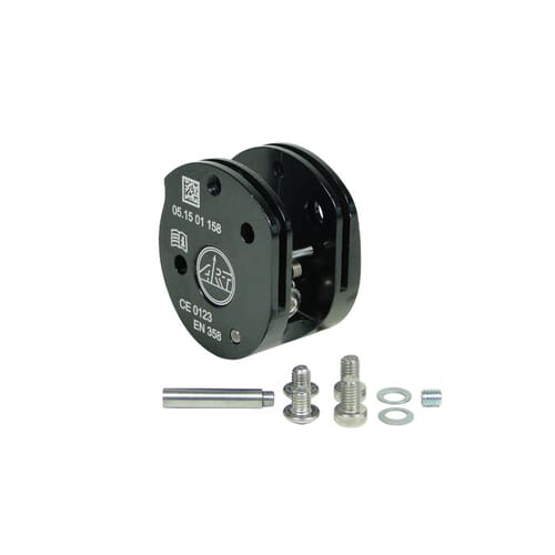 SpiderJack 2.1 device body black metal part with imprint "05.15 01 158", "CE 0123", "EN 358" and ARZ logo, plus two screws, a metal rod, two washers and a small threaded insert