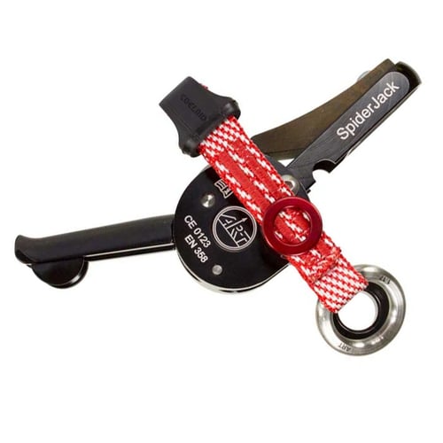 SpiderJack 2.1 Dyneema by Climb-Art, black belay device with red and white rope, red metal ring and lettering