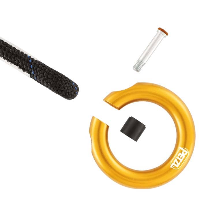 Petzl Ring Open, gold-tone open ring with black clasp, screw and black rubber piece next to a black rope end