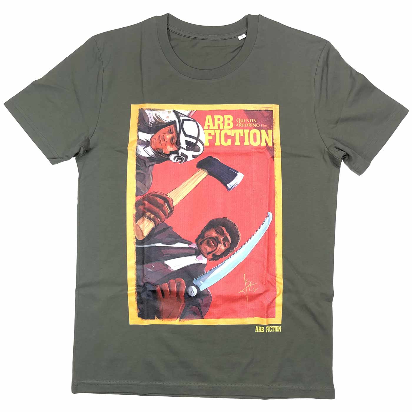 Vincent & Jules T-shirt in olive green with a large, colored print on the front showing two men, one holding an axe, the other a large knife, "ARB FICTION" in yellow at the top right and "Quentin Arborino Film" underneath