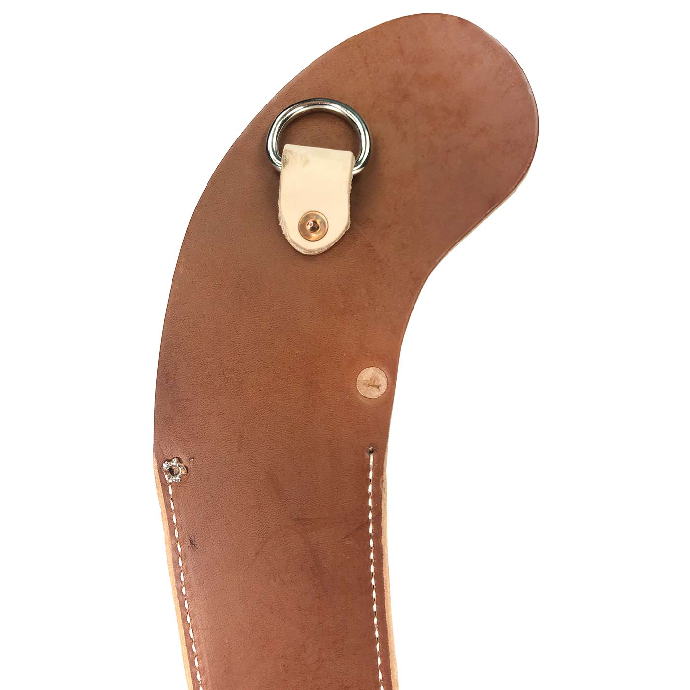 Detail of the KR leather holster with metal ring on a light leather strap and brown leather with white stitching