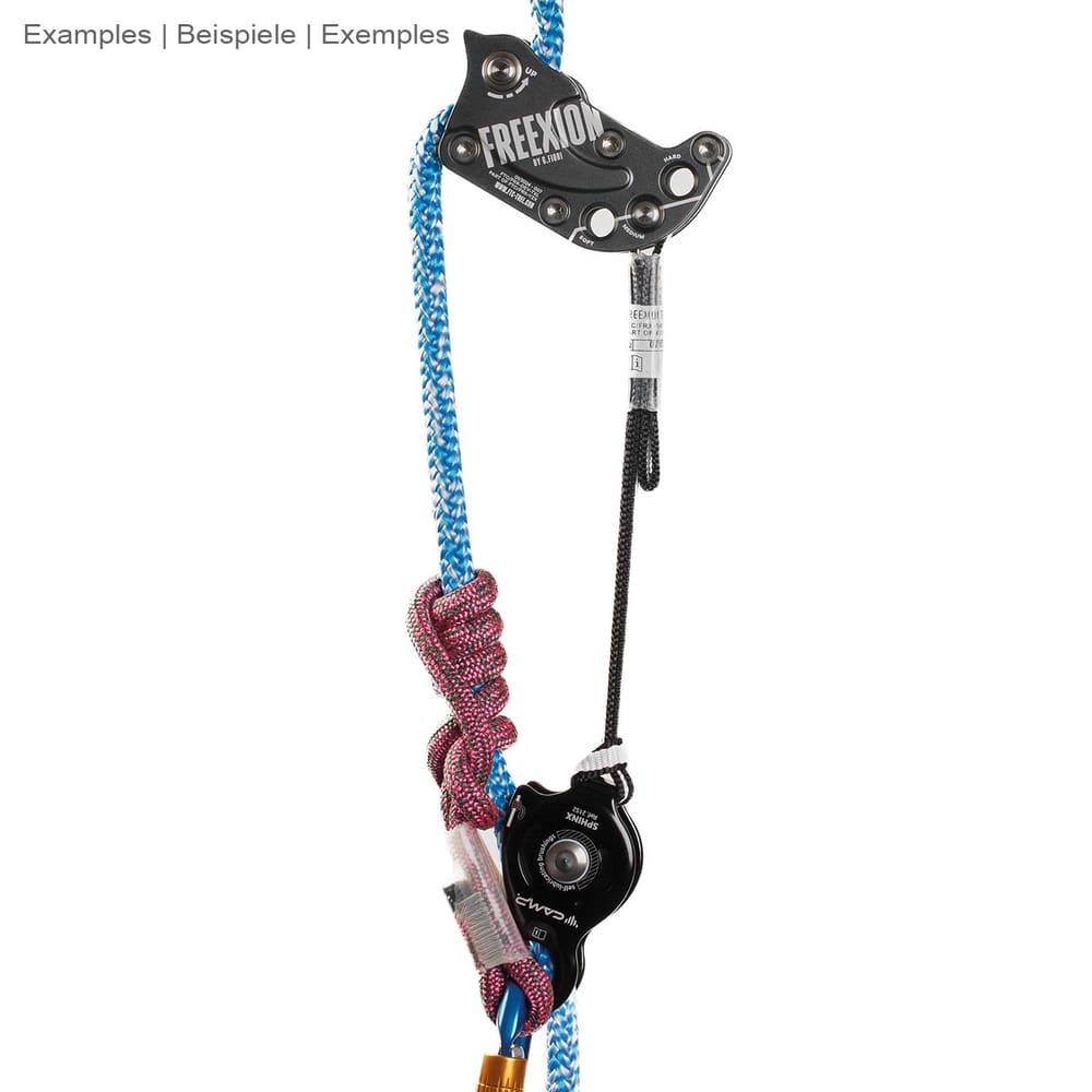 Freexion System Sphinx by CMP, mounted on a blue rope with pink-black rope and knot, the black climbing frame is visibly attached with white lettering and a black ribbon with loop