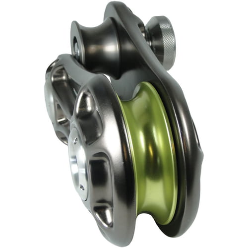 Impact Block L, grey metal block with green wheel, side view