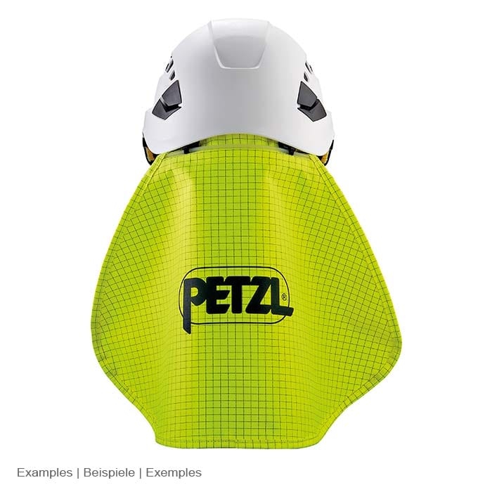 White helmet with light green Petzl neck protector attached to the helmet, with black check pattern and black Petzl logo in the center