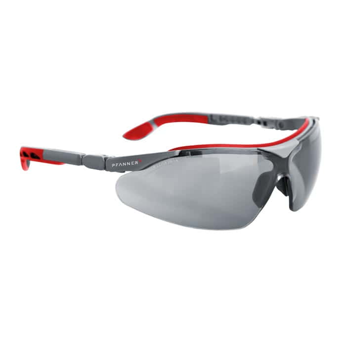 Nexus safety glasses from Pfanner with grey lenses and red details on the temple