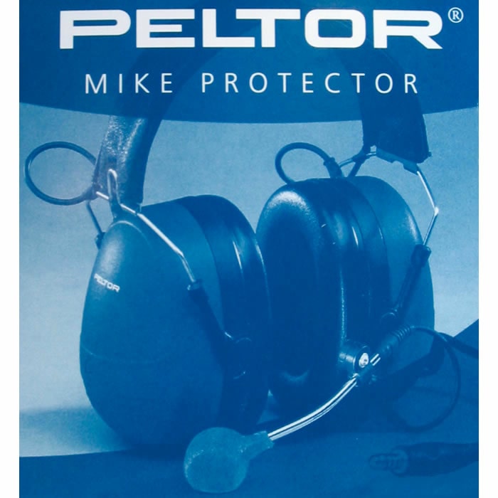 Peltor Lite Com Microphone Protector, Black Headphones with Microphone and Foam Microphone Protector on Blue Background