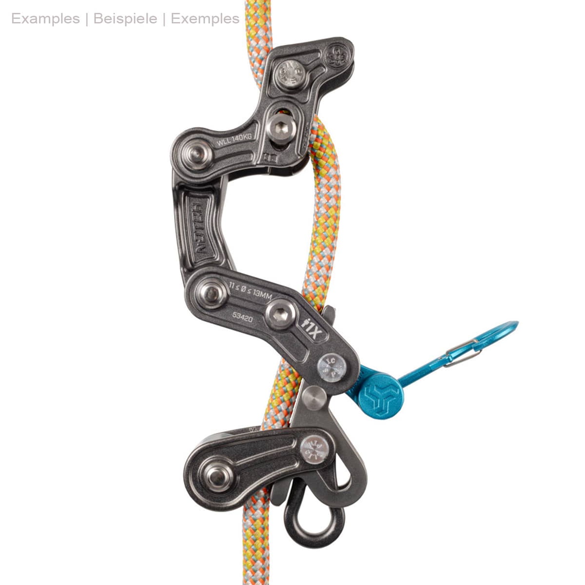 Black climbing equipment with yellow-orange-white rope and blue Magneato carabiner attached to the device