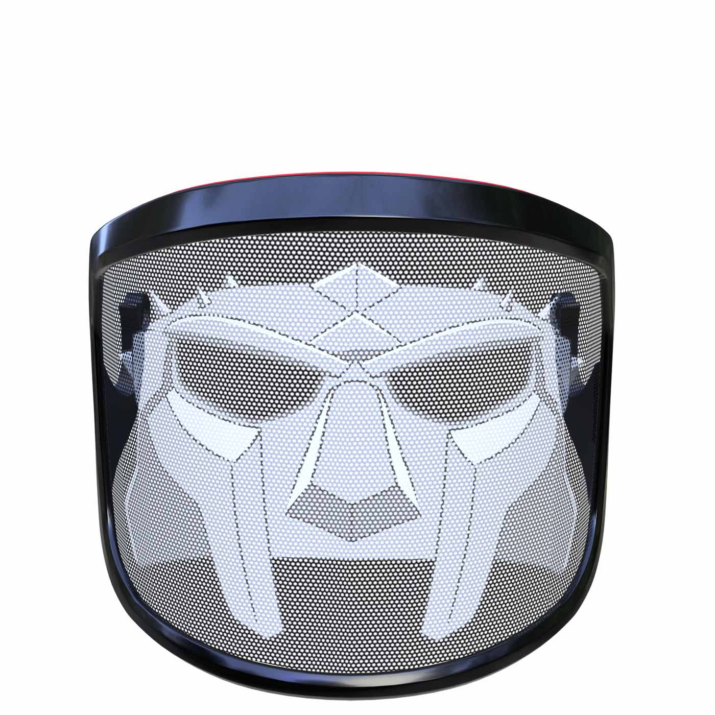 PROTOS® Visor Special Edition, black protective visor with white, stylized face motif and red border at the top, front view